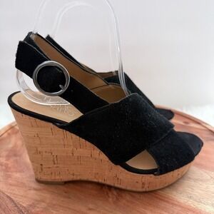 Franco Sarto Black Suede Cork Wedge Sandals Women's Size 8M Slingback Espadrille